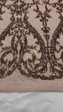 Dusty Rose Sequin Fabric On a Mesh 4 Way Stretch, Sequins Fabric Damask Design By The Yard