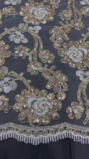 Floral Embroidered Lace - Ivory / Gold - Floral Corded Lace With Sequins Sold By Yard