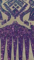 Lavender/Purple Iridescent Sequin Fabric, by the yard - Nude Mesh 4 Way Stretch Aztec Design