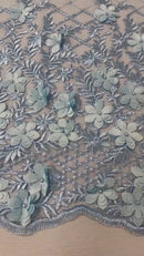 3D Triangle Floral Pearl Fabric - Baby Blue - 3D Embroidered Floral Design on Lace Mesh By Yard
