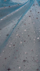 Foil Star Sheer Organza - Silver On Turquoise - 60" Sheer Silver Star Organza Fabric Sold By Yard