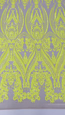Damask Sequins - Yellow - Damask Sequin Design on 4 Way Stretch Fabric By Yard