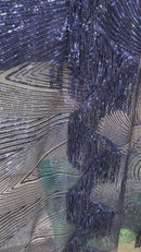 Fringe Sequins Fabric - Navy Blue - Hanging Sequins 2 Way Stretch Fabric Sold By Yard