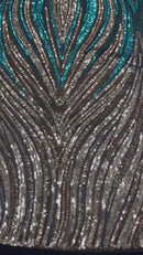 Three Tone Feather Fabric - Black/Turquoise/Silver - 4 Way Stretch Embroidered Sequins By Yard