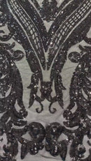 Damask Sequins - Black - Damask Sequin Design on 4 Way Stretch Fabric By Yard