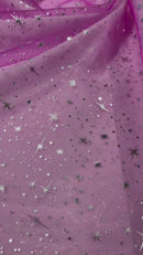 Foil Star Sheer Organza - Silver On Fuchsia - 60" Sheer Silver Star Organza Fabric Sold By Yard