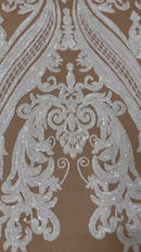 Damask Sequins - White on Dark Nude - Damask Sequin Design on 4 Way Stretch Fabric By Yard
