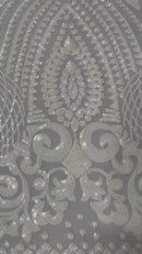 Geometric Design Fabric - White - 4 Way Stretch Embroidered Design Sequins Fabric By Yard