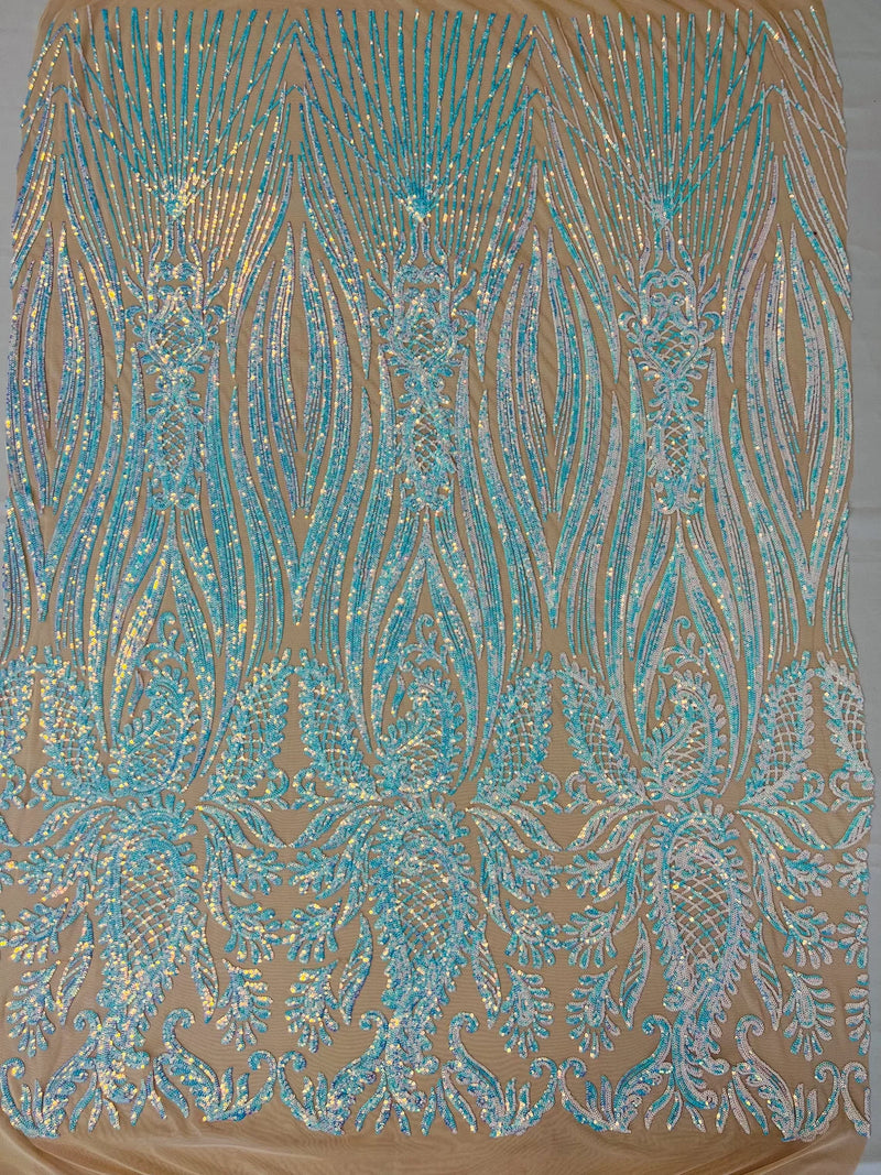 Paisley Lines Sequin Fabric - Aqua / Blue - 4 Way Stretch Fancy Fabric By The Yard