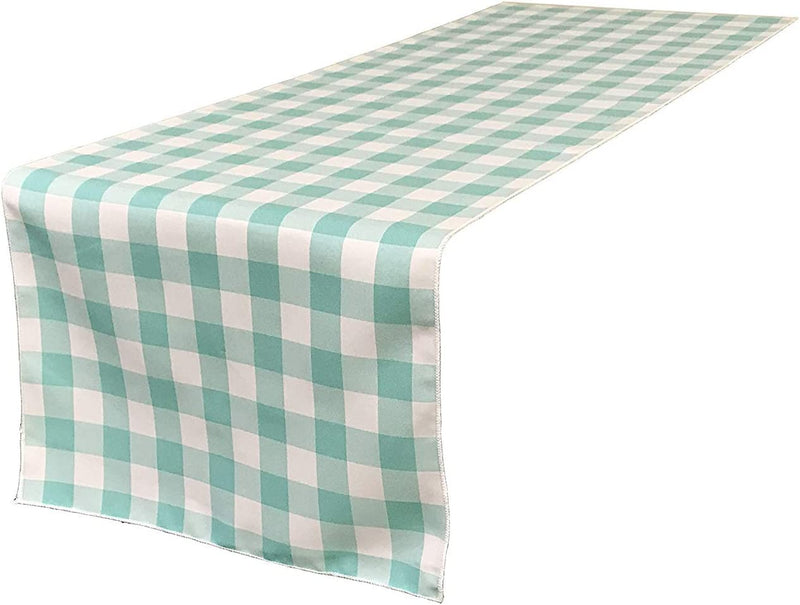 12" Checkered Table Runner - Aqua / White - Plaid Polyester Poplin Checkered Table Runner