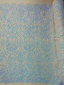 Damask Fancy Pattern Fabric - Aqua Blue - 4 Way Stretch Sequins Prom Design By Yard