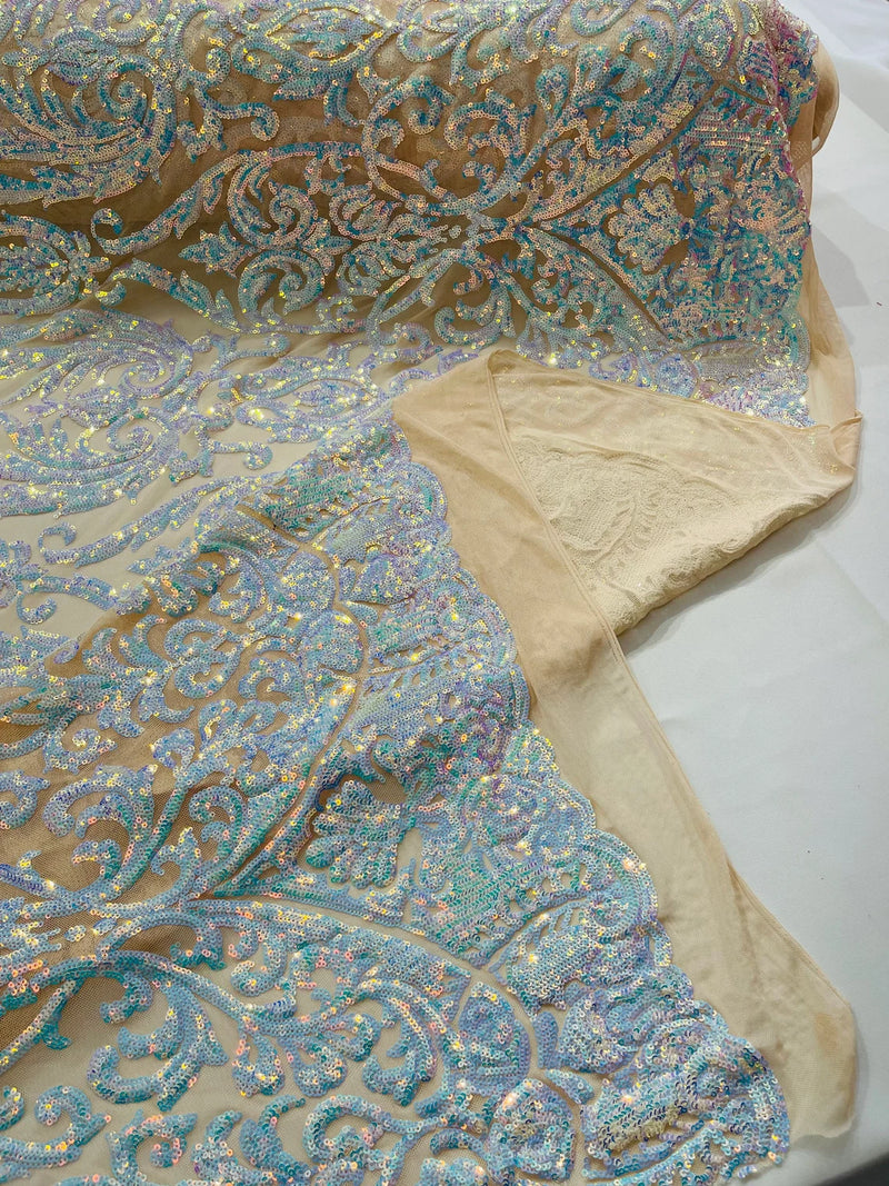 Damask Fancy Pattern Fabric - Aqua Blue - 4 Way Stretch Sequins Prom Design By Yard