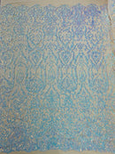 Damask Fancy Pattern Fabric - Aqua Blue - 4 Way Stretch Sequins Prom Design By Yard