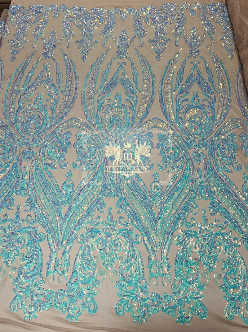 Damask Sequins - Aqua/Blue on Blush Mesh