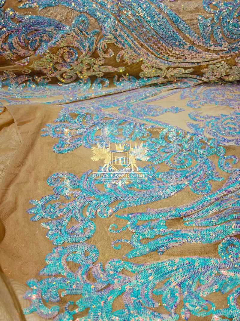 Damask Sequins - Aqua/Blue on Blush Mesh