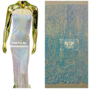Long Wavy Line Design Sequins - Aqua Blue Iridescent - 4 Way Stretch Sequin Design on Mesh Fabric By Yard