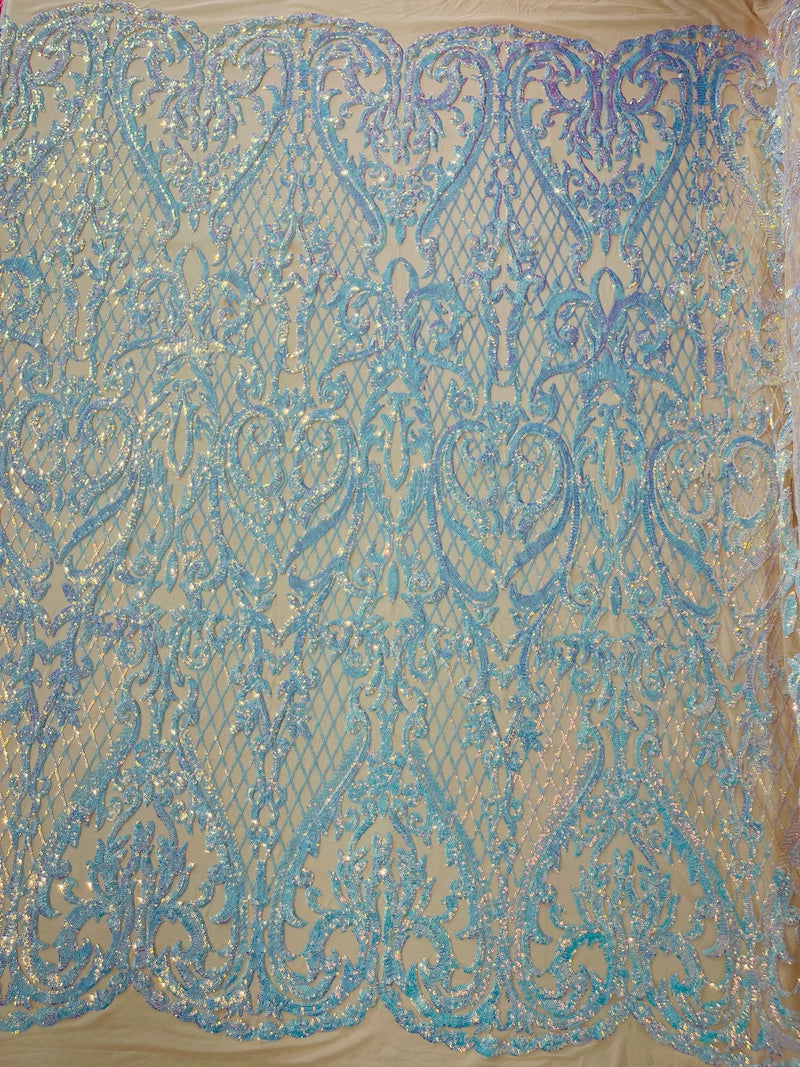 Heart Shape Sequins Fabric - Aqua Blue Iridescent - 4 Way Stretch Sequins Damask Fabric By Yard