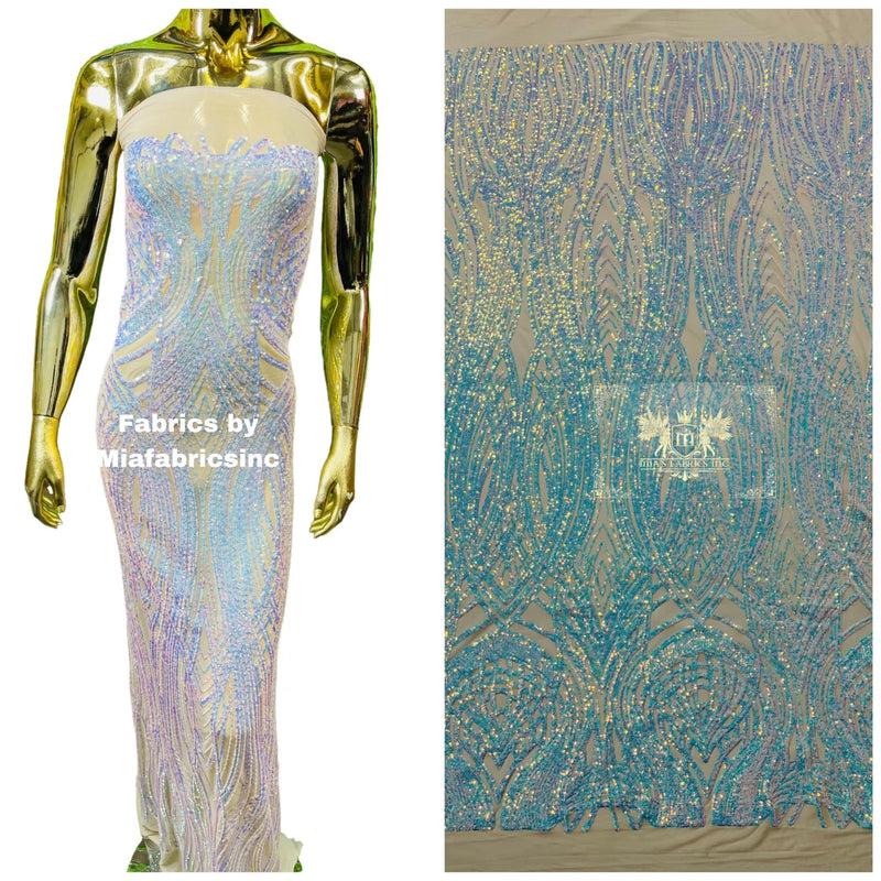 Long Wavy Line Design Sequins - Aqua Blue Iridescent - 4 Way Stretch Sequin Design on Mesh Fabric By Yard