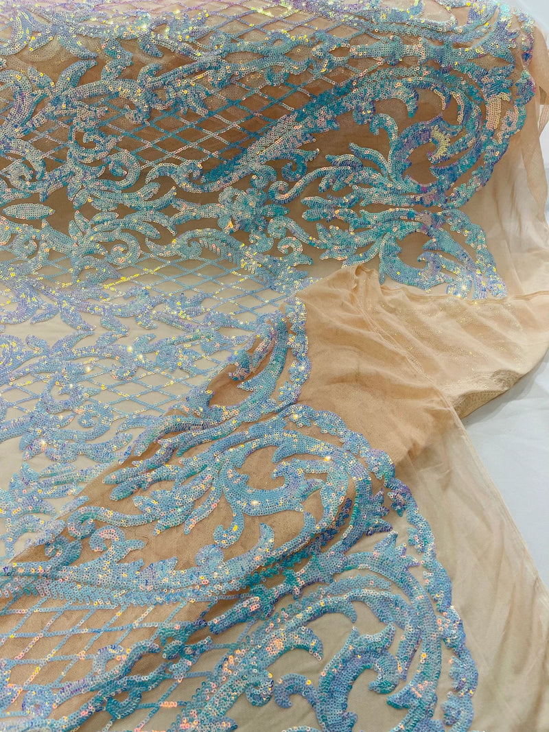 Heart Shape Sequins Fabric - Aqua Blue Iridescent - 4 Way Stretch Sequins Damask Fabric By Yard