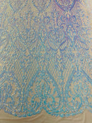Heart Shape Sequins Fabric - Aqua Blue Iridescent - 4 Way Stretch Sequins Damask Fabric By Yard
