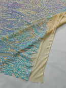 Long Wavy Line Design Sequins - Aqua Blue Iridescent - 4 Way Stretch Sequin Design on Mesh Fabric By Yard
