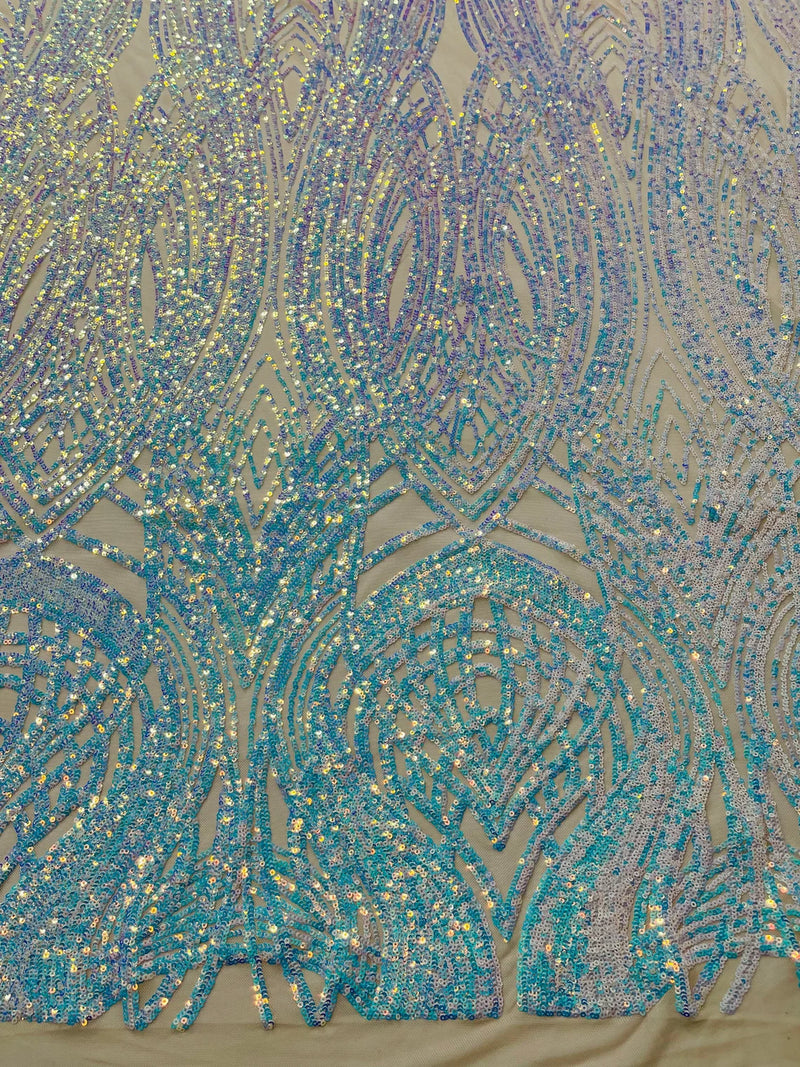 Long Wavy Line Design Sequins - Aqua Blue Iridescent - 4 Way Stretch S