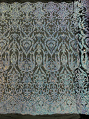 Damask Fancy Pattern Fabric - Aqua Blue on Black - 4 Way Stretch Sequins Prom Design By Yard