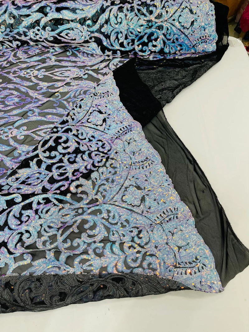 Damask Fancy Pattern Fabric - Aqua Blue on Black - 4 Way Stretch Sequins Prom Design By Yard