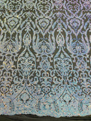 Damask Fancy Pattern Fabric - Aqua Blue on Black - 4 Way Stretch Sequins Prom Design By Yard
