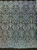 Damask Fancy Pattern Fabric - Aqua Blue on Black - 4 Way Stretch Sequins Prom Design By Yard