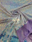 Mini Glitz Sequins 4 Way Stretch - Aqua on Lilac - High Quality Mini Sequins on Mesh By Yard