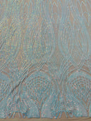 Long Wavy Line Design Sequins - Aqua Iridescent - 4 Way Stretch Sequin Design on Mesh Fabric By Yard