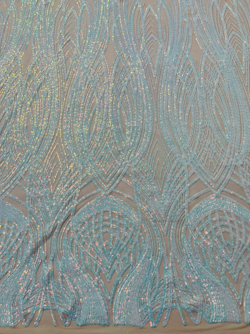 Long Wavy Line Design Sequins - Aqua Iridescent - 4 Way Stretch Sequin Design on Mesh Fabric By Yard