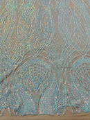 Long Wavy Line Design Sequins - Aqua Iridescent - 4 Way Stretch Sequin Design on Mesh Fabric By Yard