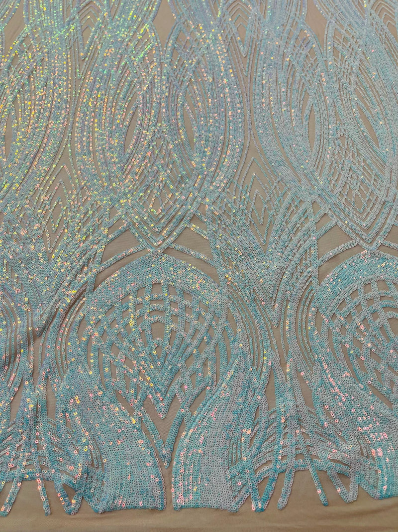 Long Wavy Line Design Sequins - Aqua Iridescent - 4 Way Stretch Sequin Design on Mesh Fabric By Yard