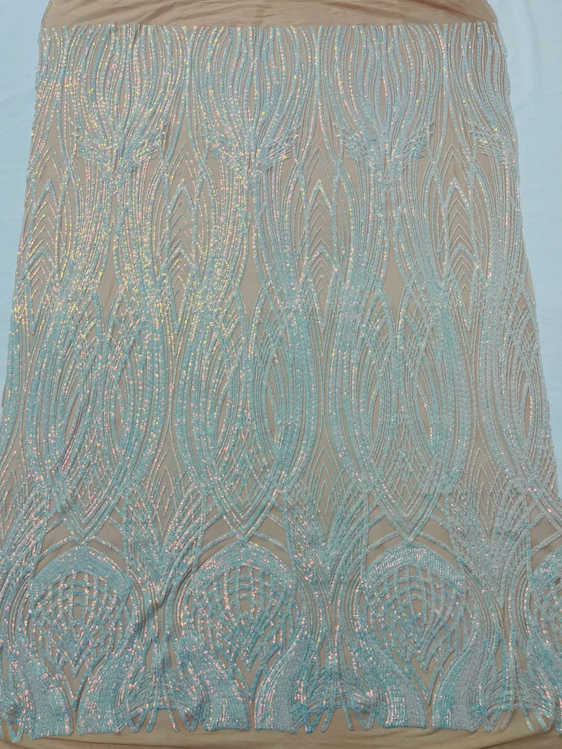 Long Wavy Line Design Sequins - Aqua Iridescent - 4 Way Stretch Sequin Design on Mesh Fabric By Yard