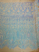 Iridescent Sequin Fabric - Iridescent Aqua on Nude - 4 Way Stretch Royalty Lace Sequin By Yard