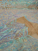 Iridescent Sequin Fabric - Iridescent Aqua on Nude - 4 Way Stretch Royalty Lace Sequin By Yard