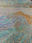 Iridescent Sequin Fabric - Iridescent Aqua on Nude - 4 Way Stretch Royalty Lace Sequin By Yard