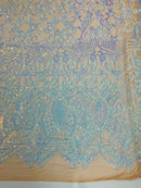 Iridescent Sequin Fabric - Iridescent Aqua on Nude - 4 Way Stretch Royalty Lace Sequin By Yard