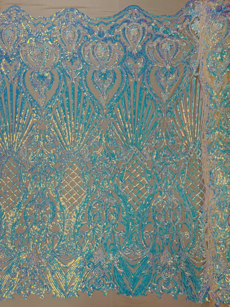 Damask Geometric Sequins - Aqua on Nude - 4 Way Stretch Sequins Design Sold By Yard