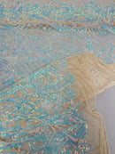 Damask Geometric Sequins - Aqua on Nude - 4 Way Stretch Sequins Design Sold By Yard