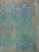 Damask Geometric Sequins - Aqua on Nude - 4 Way Stretch Sequins Design Sold By Yard