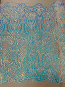 Damask Geometric Sequins - Aqua on Nude - 4 Way Stretch Sequins Design Sold By Yard