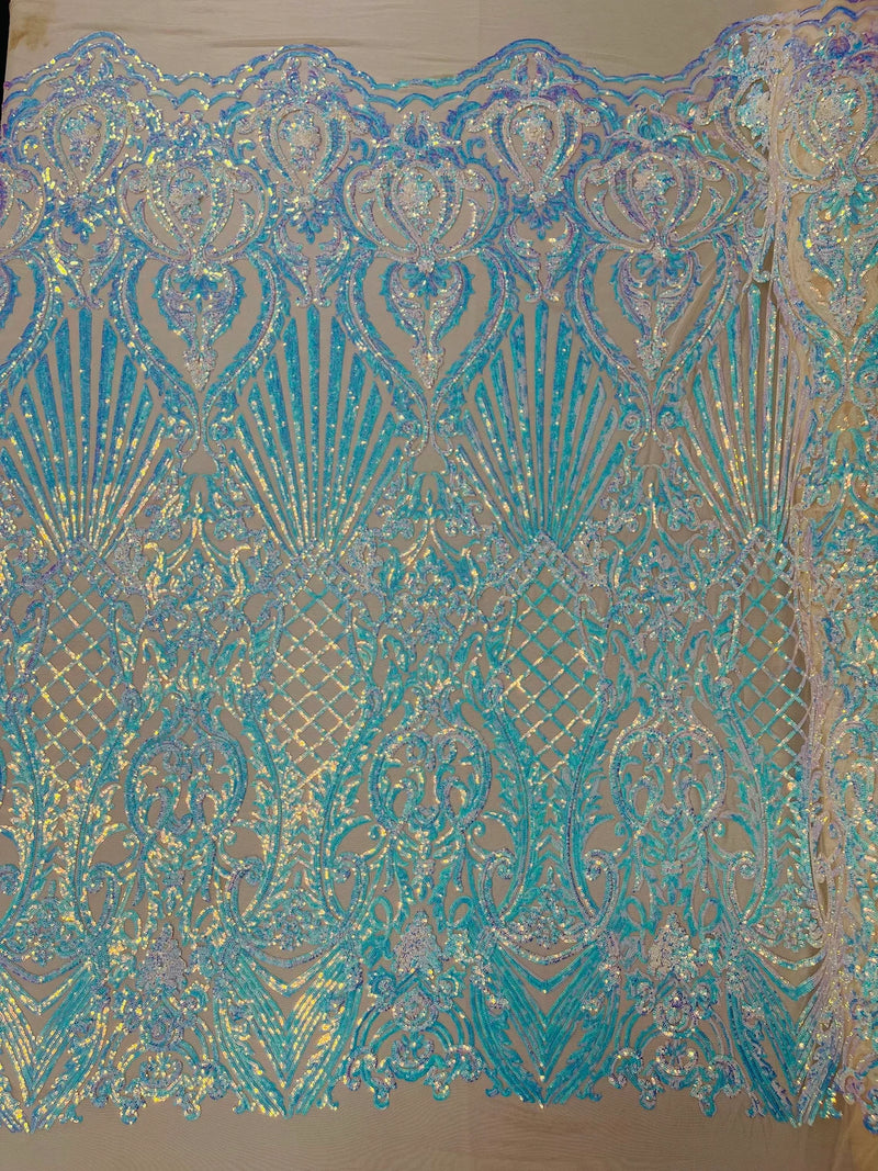 Damask Geometric Sequins - Aqua on Nude - 4 Way Stretch Sequins Design Sold By Yard