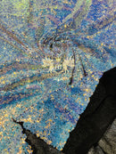 Mini Glitz Sequins 4 Way Stretch - Aqua on Black - High Quality Mini Sequins on Mesh By Yard