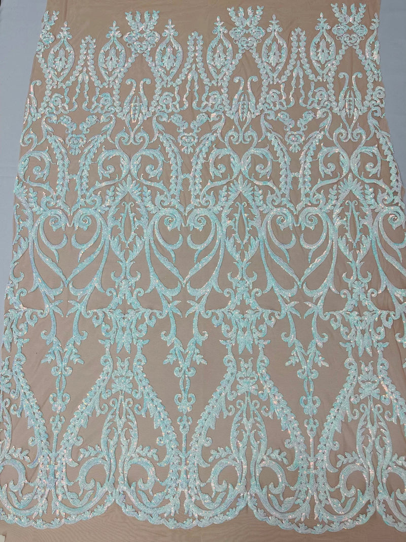 Heart Shape Sequins Fabric - Aqua on Nude - 4 Way Stretch Sequins Damask Fabric By Yard