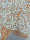 Heart Shape Sequins Fabric - Aqua on Nude - 4 Way Stretch Sequins Damask Fabric By Yard