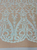 Heart Shape Sequins Fabric - Aqua on Nude - 4 Way Stretch Sequins Damask Fabric By Yard