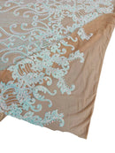Fancy Damask Line Sequin - Aqua on Nude - 4 Way Stretch Sequins Damask Design Fabric Yard